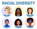 Racial divercity icons. Set of avatars. Arab, african, hispaniclatina and european caucasian women. Different haircuts: wavy h